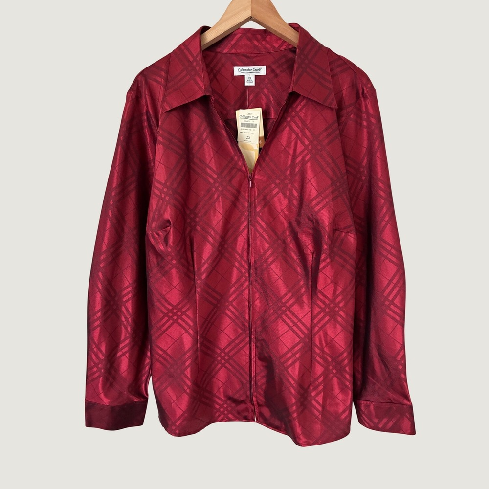 Coldwater Creek Fall 2X Red Iridescent Plaid Zip Front Blouse Wrinkle Resistant